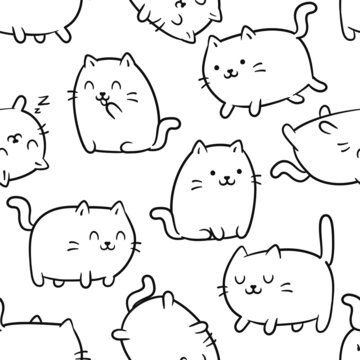 Seamless pattern with cute kawaii cats or kittens in funny poses. Vector illustration with white kawaii kittens. Background for print fabric, textile design, wrapping paper or wallpaper