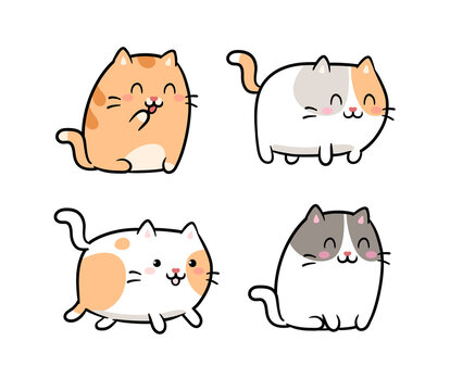 Set of cute Kawaii Cats or kittens in different poses - isolated on white vector. Funny cartoon fat cats in different poses. Adorable kawaii pet