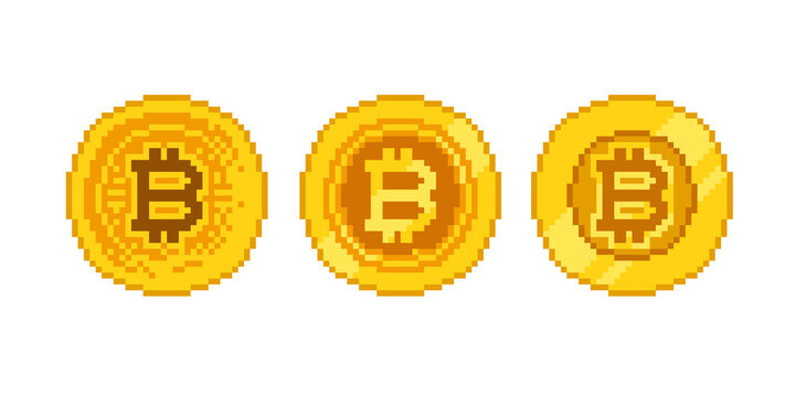 Pixel Art Bitcoin blockchain cryptocurrency gold coin icon - isolated vector set. Crypto currency 8 bit game style. Digital Cryptocurrency 