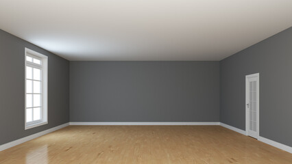 Empty Room Interior Concept with Window and White Door. Light Glossy Parquet, Grey Walls and a White Plinth. Perspective View. High Quality 3D Rendering with a Work Path on Window. 8K Ultra HD