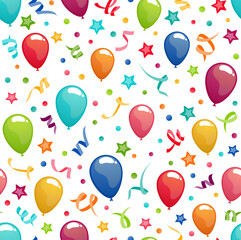 birthday background with balloons, confetti and streamers