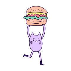 Cute purple cat lifting a burger, illustration for t-shirt, sticker, or apparel merchandise. With doodle, retro, and cartoon style.