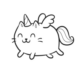 Cute cartoon cat unicorn or kitten caticorn in linear style - isolated on white vector. Baby Cat Unicorn for coloring page book design