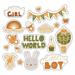Stickers with cute gender party and baby shower objects in doodle and cartoon style. Printable stickers for baby reveal, nursery room decoration. Ready for poster, banner, greeting card, wrapping