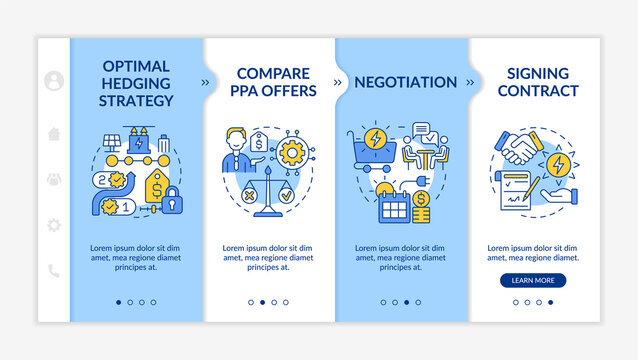 PPA work blue and white onboarding template. Electric energy sales. Responsive mobile website with linear concept icons. Web page walkthrough 4 step screens. Lato-Bold, Regular fonts used
