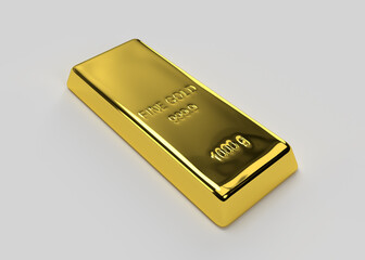 One Pure Gold Bar Bullion for investment, safe haven investment asset commodity 3d illustration, 3d rendering, 1 kilo gold bar ingot, 1000g