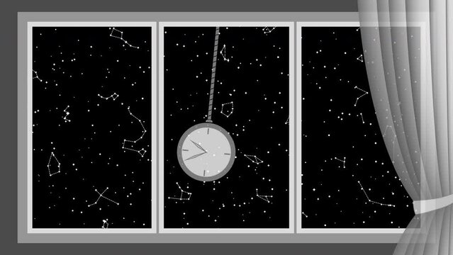 Window with Transparent Curtain. Animated Swinging Black and White Pendulum with Clock. Single Object Isolated on Starry Night Background. Panoramic Sky Map of Hemisphere.  Loop Seamless Stock Footage