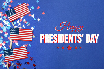 Fototapeta na wymiar Happy President's Day - federal holiday. American flags, star shaped confetti and text on blue background, flat lay
