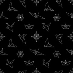 Seamless pattern with Origami figures star, birds, ship in line style.	Black and white vector illustration on black background