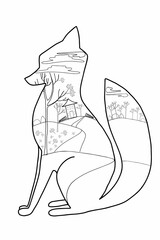 Linear contour in the form of a fox. Inside the outline of a rural landscape. Conceptual coloring book. Vector