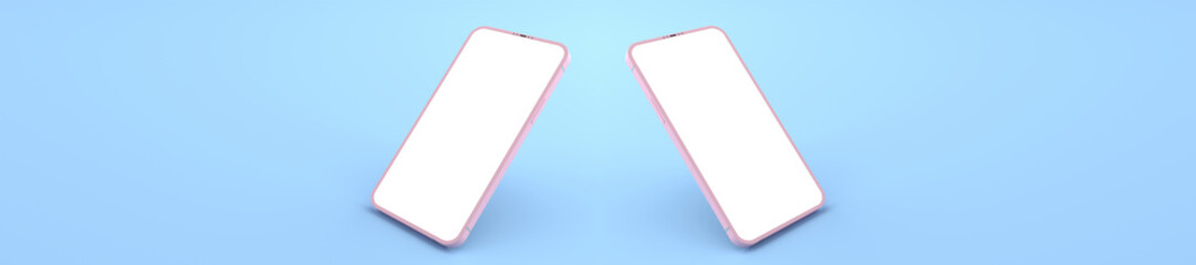 3D rendering of mockups pink Smartphone white screen on blue floor, Pink Mobile phone lay down on the ground. Smartphone white screen can be used for commercial advertising,Isolated on blue background