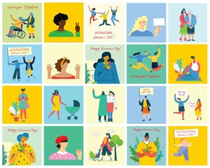 Fototapeta premium International Women's Day. Women in leadership, woman empowerment, gender equality concepts. Crowd of women of diverse age, races and occupation. Vector banner.