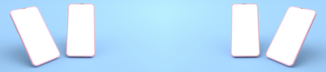 3D rendering of mockups pink Smartphone white screen on blue floor, Pink Mobile phone lay down on the ground. Smartphone white screen can be used for commercial advertising,Isolated on blue background