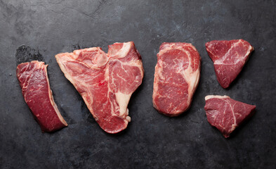 Various raw beef steaks