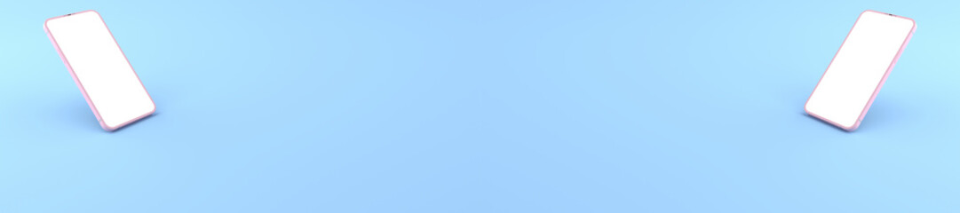 3D rendering of mockups pink Smartphone white screen on blue floor, Pink Mobile phone lay down on the ground. Smartphone white screen can be used for commercial advertising,Isolated on blue background