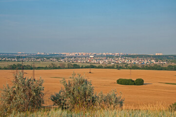 Panorama city view with field