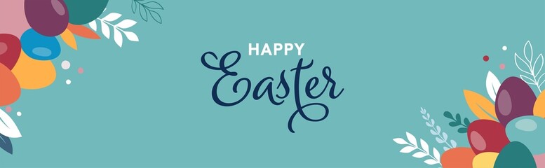 Happy Easter banner, poster, greeting card. Trendy Easter design with typography, bunnies, flowers, eggs, bunny ears, in pastel colors. Modern minimal style