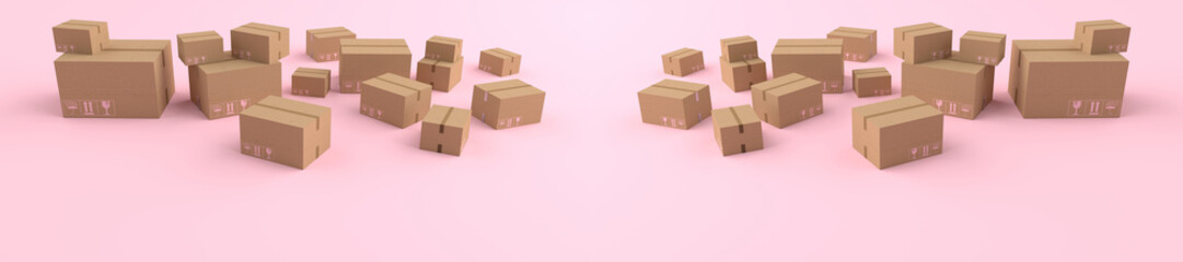 Fototapeta premium 3D rendering of variety cardboard box, brown shipping box and boxes of various sizes. Concept of money, Business on mobile and delivery, concept Business Online delivery, isolated on pink background.