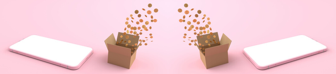 3D rendering of Smartphone white screen surrounded by cardboard box with Many money are floating. Concept of money, Business on a mobile phone and concept money, Business isolated on pink background.