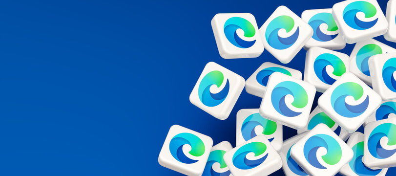 Guilherand-Granges, France - February 14, 2022. Cubes with Microsoft Edge logo. Cross-platform web browser developed by Microsoft.