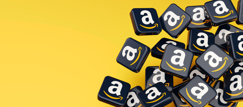 Guilherand-Granges, France - February 14, 2022. Cubes with Amazon logo. A company which focuses on e-commerce, cloud computing, digital streaming, and artificial intelligence.