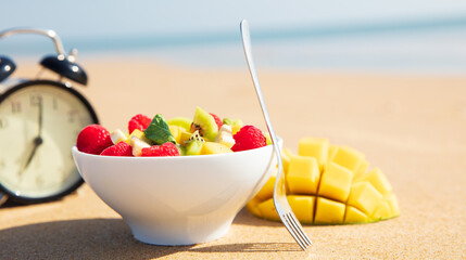 fresh fruit salad on a beach