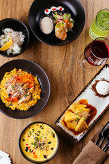 asian vegetarian corn soup on a wooden background. restaurant me