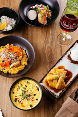 asian vegetarian corn soup on a wooden background. restaurant me