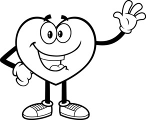Outlined Happy Heart Cartoon Character Waving For Greeting. Vector Hand Drawn Illustration Isolated On White Background
