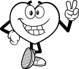 Outlined Smiling Heart Cartoon Character Showing Peace Hand Sign. Vector Hand Drawn Illustration Isolated On White Background