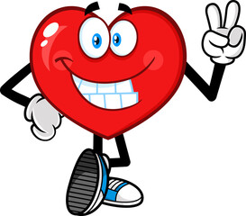 Smiling Red Heart Cartoon Character Showing Peace Hand Sign. Vector Hand Drawn Illustration Isolated On White Background
