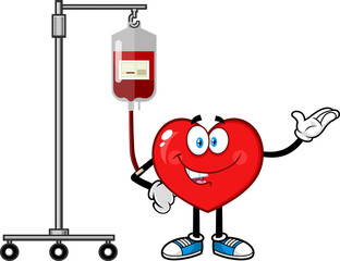 Red Heart Cartoon Character Donating Blood. Vector Hand Drawn Illustration Isolated On White Background