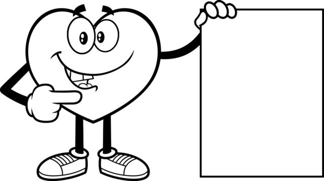 Outlined Heart Cartoon Character Pointing To A Blank Sign. Vector Hand Drawn Illustration Isolated On White Background