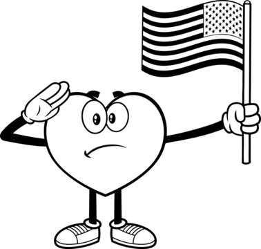 Outlined Patriotic Heart Cartoon Character Salute And Flashes US Flag. Vector Hand Drawn Illustration Isolated On White Background