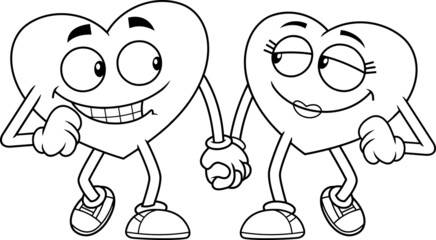 Outlined Love Hearts Couple Cartoon Characters Walk Holding Hands. Vector Hand Drawn Illustration Isolated On White Background