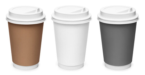 Set of brown, white and gray coffee cups, isolated on white background