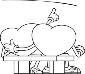 Outlined Love Hearts Couple Cartoon Characters Sit On A Bench And Watch The Stars. Vector Hand Drawn Illustration Isolated On White Background