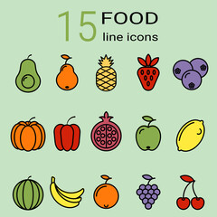 Set of fruits and vegetables. 15 colored vector icons in line art style.