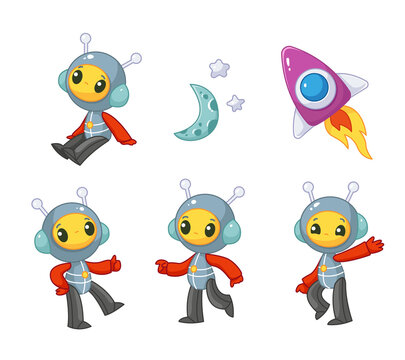 Set of cute cartoon aliens in space suits, moon, stars and rocket for flight. Vector illustration of a character in cartoon style. Isolated funny clipart on white background. Cute astronafta print.