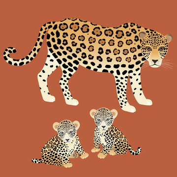Jaguar. Mother with her kittens. Vector image. Isolated.