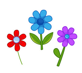 Set of multi-colored flowers. Vector illustration in cartoon childish style. Isolated funny clipart on white background. Nice floral print.