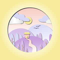 Paper cut illustration of house in the mountains, birds, sun and clouds