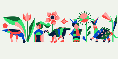 illustration with dinosaurs, people and flowers