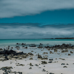 Pristine shoreline and blue skies at Garrapatero Beach in Galapagos, Ecuador.