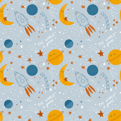 Cute baby cosmic backdrop. Vector seamless pattern with rockets, stars, moon and planets  in simple hand drawn style. Good for interior decorating, fabric, baby clothes, baby shower decor.