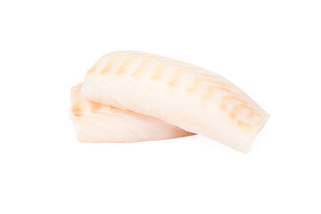 Two raw cod fish pieces isolated on white background. Boneless white fish meat. - obrazy, fototapety, plakaty