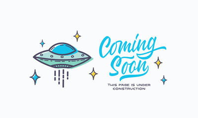 Coming soon lettering with outlined UFO sign web template. Page under construction website vector colorful banner background Isolated