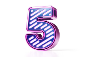 Luminous font. Disco style number 5 in metallic pink and blue. High quality 3D rendering.