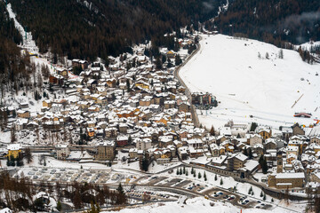 The city of Cogne Aosta Valley on a snowy day Top view