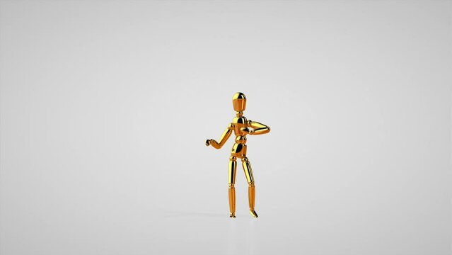 Funny golden mannequin doing mambo side step dance, seamless loop, white studio